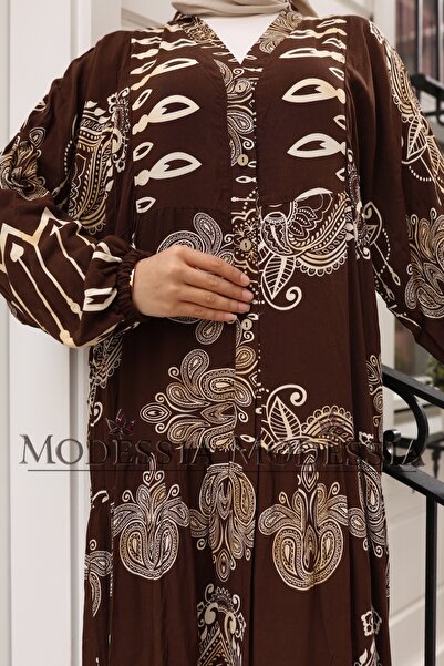 modessia ΓΥΝΑΙΚΕΙΟ Καφέ 100% βισκόζη βαμβακερό V λαιμόκοψη Alaçatı Μοντέλο Φόρεμα V6532