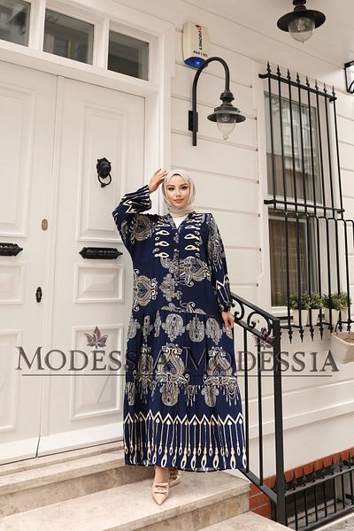 modessia Women Navy Blue 100% Viscose Cotton V-Neck Alaçatı Model Layered Dress V6531