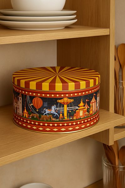 Arma House Amusement Park Themed Metal Cookie Storage Container Round Metal Box 19*9 cm