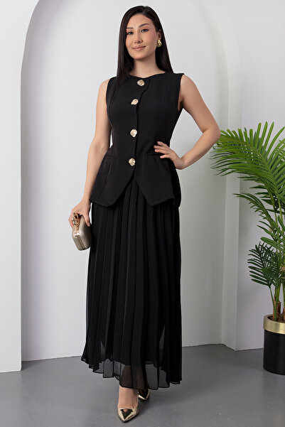 PULLIMM Düğmeli Yelekli Şifon Etekli İkili Takım NY4505