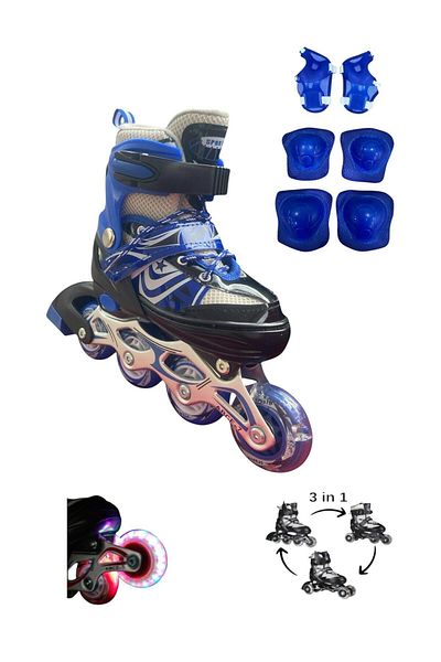 crayz toys Lighted Silicone Wheel - Metal Body 2+2 Adjustable Children & Adult Skates + Knee Pads