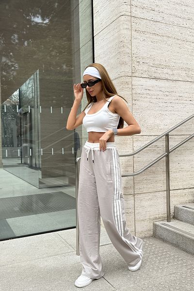 Sun Victoria Γυναικείο μπεζ Kompac χτενισμένο βαμβακερό φαρδύ πόδι με λεπτομέρεια ριγέ φούτερ