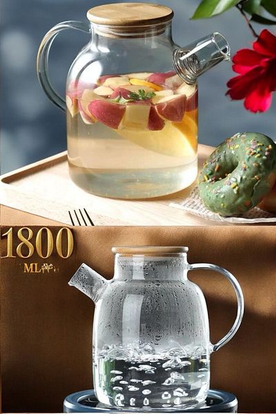 Qerhome Fire Resistant Borosilicate Glass Bamboo Lid Herbal Tea Infuser & Jug 1800 ml