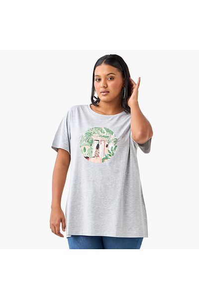 Ulla Popken Plus Size Ulla Popken Graphic Print Round Neck T-shirt with Short Sleeves