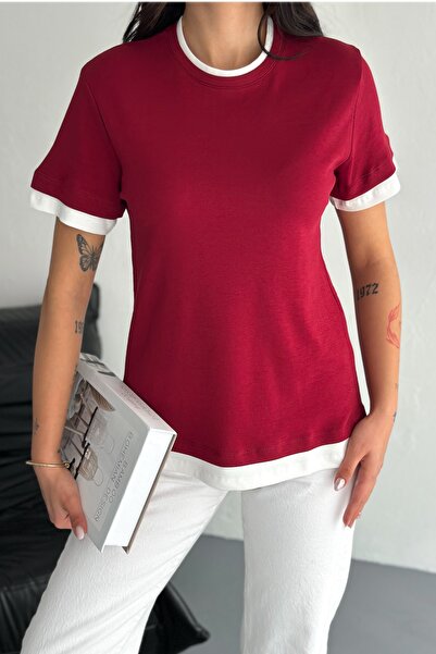 FEMELLE Kadın Kırmızı Yuvarlak Yaka Şerit Detaylı %100 Pamuk T-shirt
