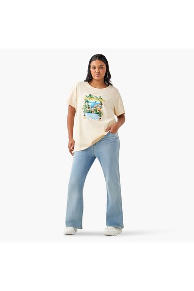 Ulla Popken Plus Size Ulla Popken Landscape Print Round Neck T-shirt with Short Sleeves