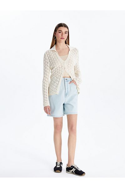 LC Waikiki Polo Neck Openwork Women's Knitwear Cardigan