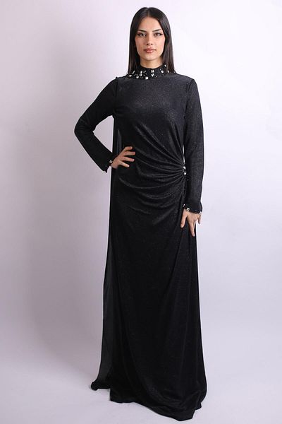 SpringStore Black Judge Collar Waist Draped Glittery Hijab Evening Dress