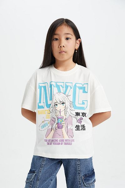 DeFacto Girls Oversize Wide Fit Crew Neck Printed Short Sleeve T-Shirt B5170A824Hs