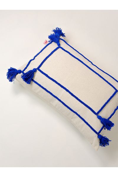 Galia Tasarım Husă de pernă Bohemian cu mai multe ciucuri dreptunghiulare - Saks Blue