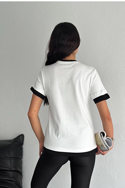 FEMELLE Tricou alb de damă, 100% bumbac, cu decolteu rotund, cu detaliu de panglică