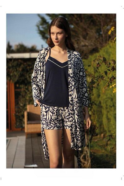 Pierre Cardin Navy Blue Dressing Gown Dressing Gown Shorts 3 Piece Pajama Set