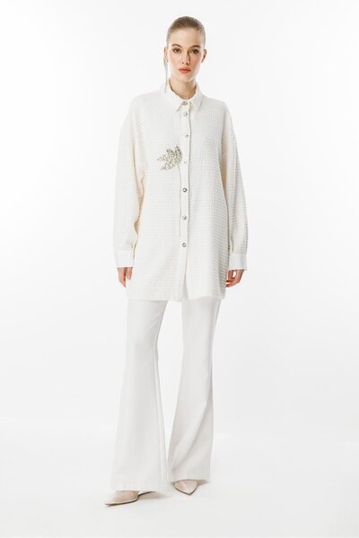 Ghisa Taş Işleme Detaylı Tunik Ekru
