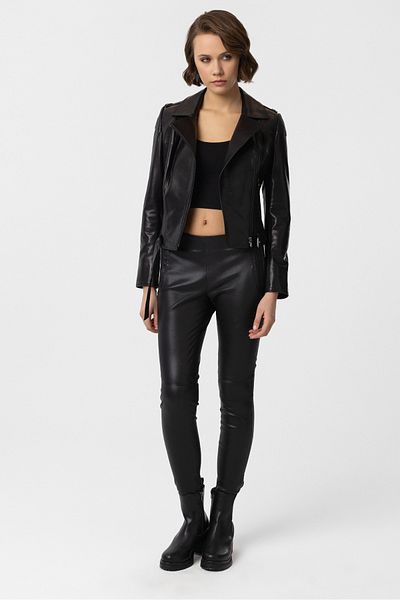 Deriderim Black Ella Women's Zippered Biker Biker Short Genuine Leather Coat with Belt