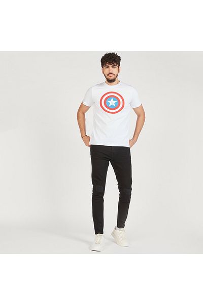 SP Characters Captain America Print Crew Neck Slim Fit T-shirt with Short Sleeves