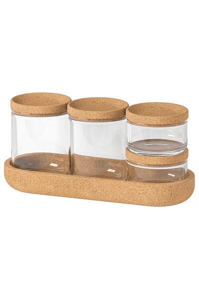 IKEA SAXBORGA Jar with Lid and Tray, Set of 5 – Glass & Cork – 26x10x3 cm | IKEA
