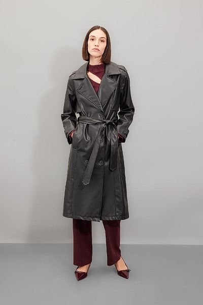 DeFacto Wasserabweisender Trenchcoat aus Kunstleder – zweireihiges Revers, Knopfgürtel, Tasche A7960ax24au