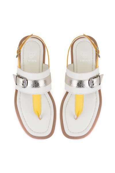 Desa Women's White Adjustable Buckle Leather Slippers