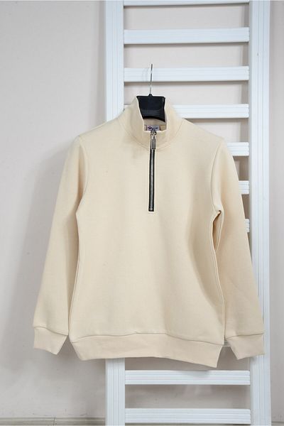 KİDSPİTİRCİK Half Zip Beige Regular Fit Comfortable Fit Stand Collar Sweatshirt (Lakos Fabric)