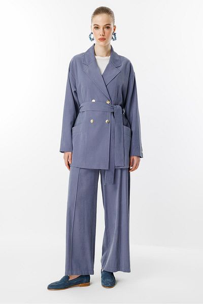 Ghisa Double Breasted Collar Belt Suit Indigo