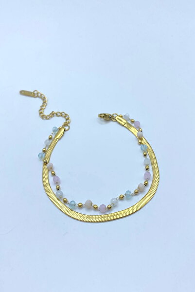 DEMOKAN Kadın Çelik Bileklik 2'li İtalyan Zincir Renkli Boncuk Taş Bileklik