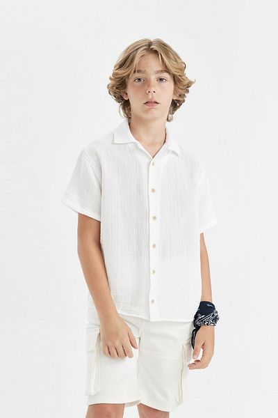 DeFacto Boy's Muslin Polo Collar Oversize Shirt - Short Sleeve W3239A6Wt34