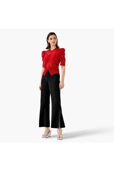 2Xtremz Flower Lace Sheer Top with Button Closure and Puff Sleeves