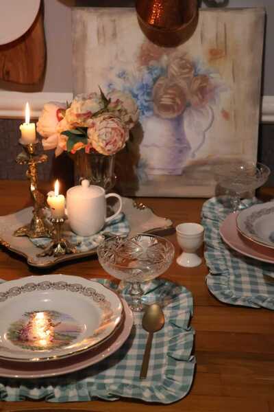 vintagetasarım amerikan servis 2 adet yeşil kareli fırfırlı vintage duck keten