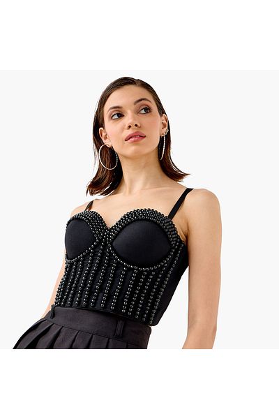 2Xtremz Pearl Embellished Strappy Crop Top