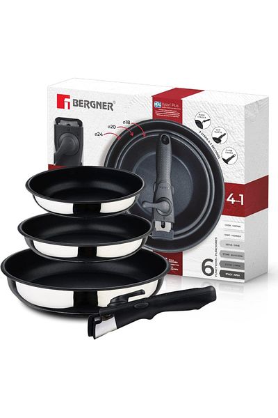 Bergner Click&Cook 3-piece non-stick stainless steel pan set 18, 20, 24 cm