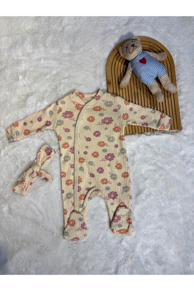 Canbi Kids Flower Printed Baby Girl Jumpsuit with Booties (Bandana Gift)