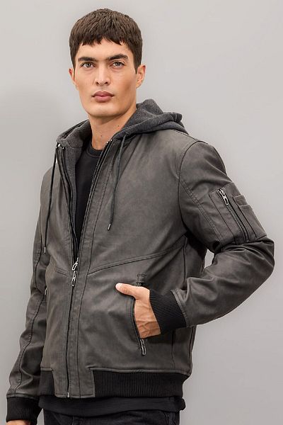 DeFacto Παλτό από συνθετικό δέρμα Water Repellent Slim Fit - Αποσπώμενη κουκούλα, με τσέπη με φερμουάρ N9682az24wn
