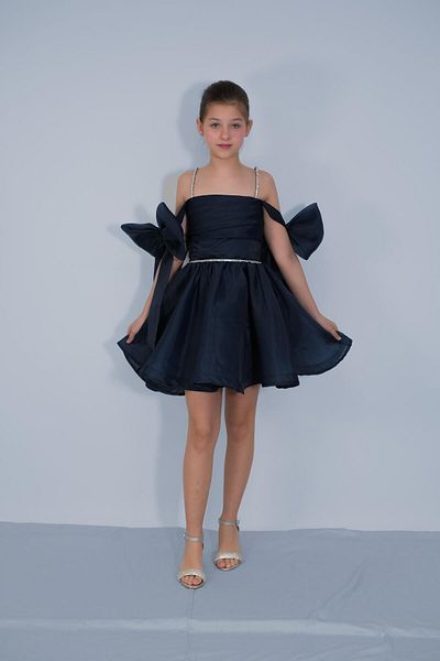 NIGHT SEARCHER Βραδινό φόρεμα για κορίτσια Navy Blue Chiffon Sliver Stone λουράκι μανίκια Χαμηλό φιόγκο Λεπτομερές κοντό βραδινό φόρεμα 10-15