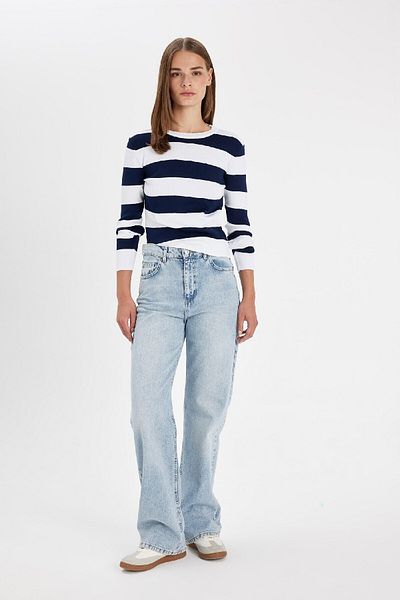 DeFacto Regular Fit Crew nyakú csíkos kötöttáru pulóver W0052az24au