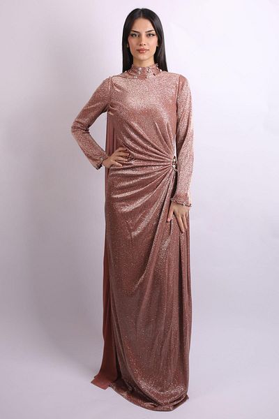 SpringStore Copper Judge Collar Waist Draped Glittery Hijab Evening Dress