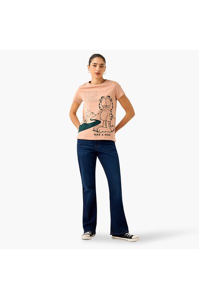 SP Characters Garfield Print Crew Neck T-shirt with Short Sleeves