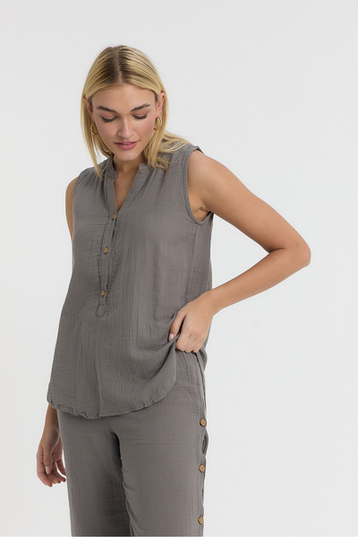 TCT TEKSTİL Women's Blouse - Muslin Judge Collar Half Placket Sleeveless Blouse -1070
