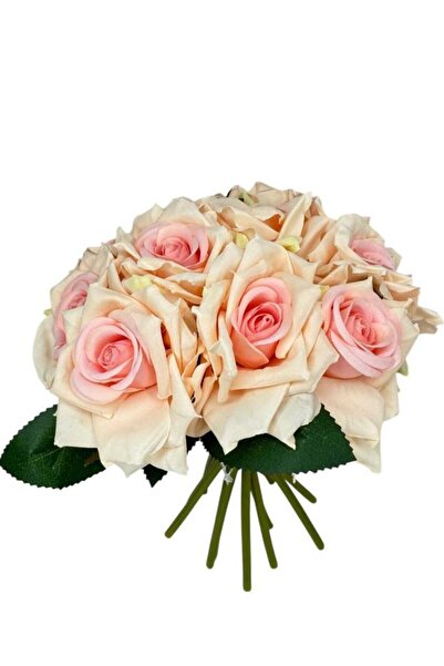 Nettenevime Yapay Çiçek Pembe Gül 10lu Demet Gelin Çiçeği Buketi Masa Üstü Vazo Çiçeği 25cm