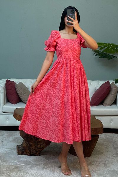 Madmext Red Balloon Sleeve Patterned Midi Length Women's Dress Mg2419