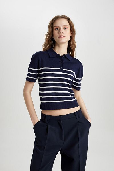 DeFacto Polo Neck Striped Knitwear T-Shirt - Regular Fit, Short Sleeve C4402ax24sm