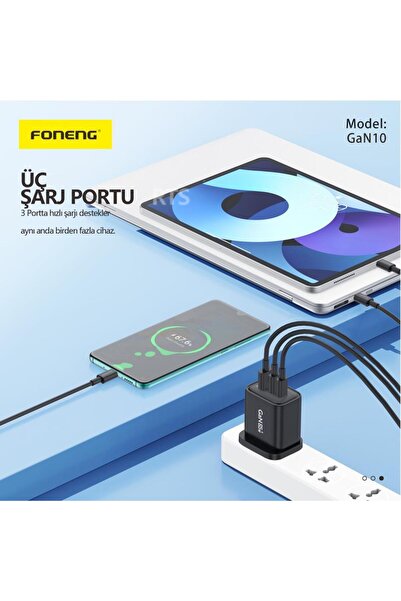 FONENG Gan10 65w Gan Usb-c 2 Port Usb 1 Port Hızlı Şarj Adaptör (TYPE-C KABLO SİYAH)