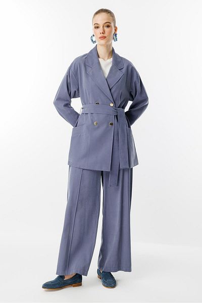 Ghisa Double Breasted Collar Belt Suit Indigo