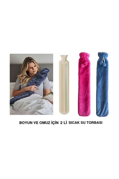 Sia Hot Water Bag Set of 2, 2Lt Thermofor with Long Plush Pompon for Neck and Shoulder 75X13Cm