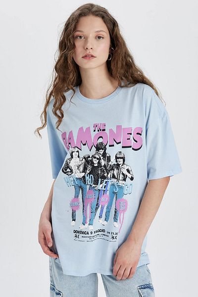 DeFacto Tricou cu mânecă scurtă cu mânecă scurtă, cu decolteu lat, supradimensionat Ramones C3772ax24sm