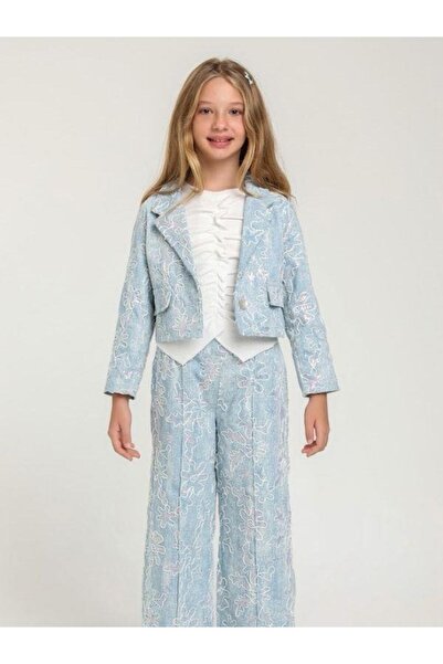 Zekids Costum pentru fete cu design brodat cu pantaloni din denim