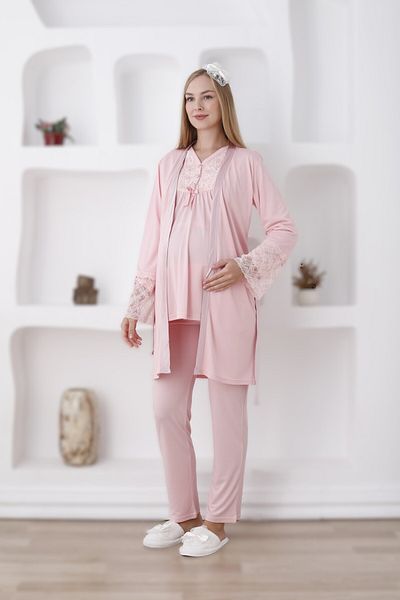 LOHOUSE Women's Powder Lace Design Maternity 3-Piece Pajama Set