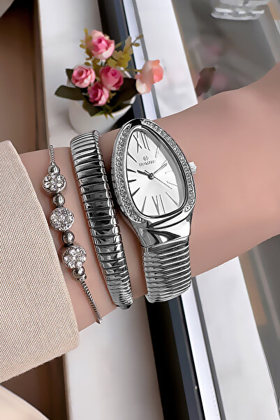 Homies Özel Kutulu Yılanlı Kadın Kol Saati Su Geçirmez Gümüş Renk Çelik Kordon Bileklik Hmby2049c4