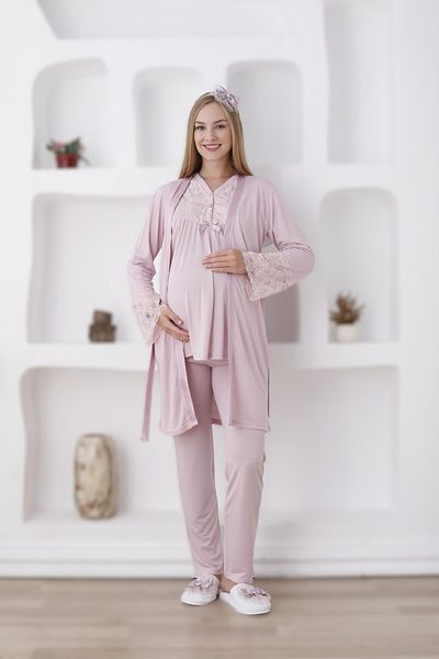 LOHOUSE Women's Salmon Lace Design Maternity Maternity 3-Piece Pajama Set