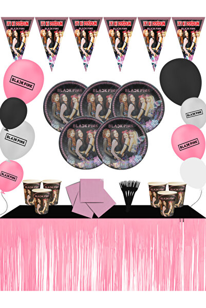 BLACK PINK تنورة طاولة معدنية باللون الأسود والوردي تتسع لـ 32 شخصًا من لوازم حفلات أعياد الميلاد ومجموعة زينة Etklst