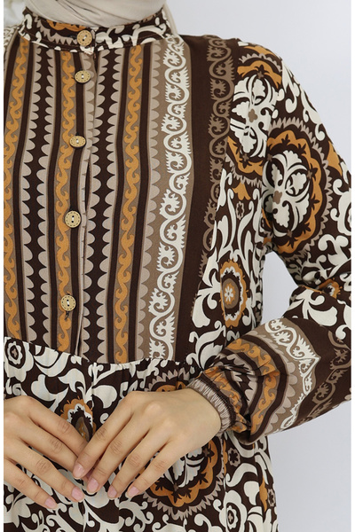 sefamerve Viscose Fabric Buttoned Dress 2005-03 Brown